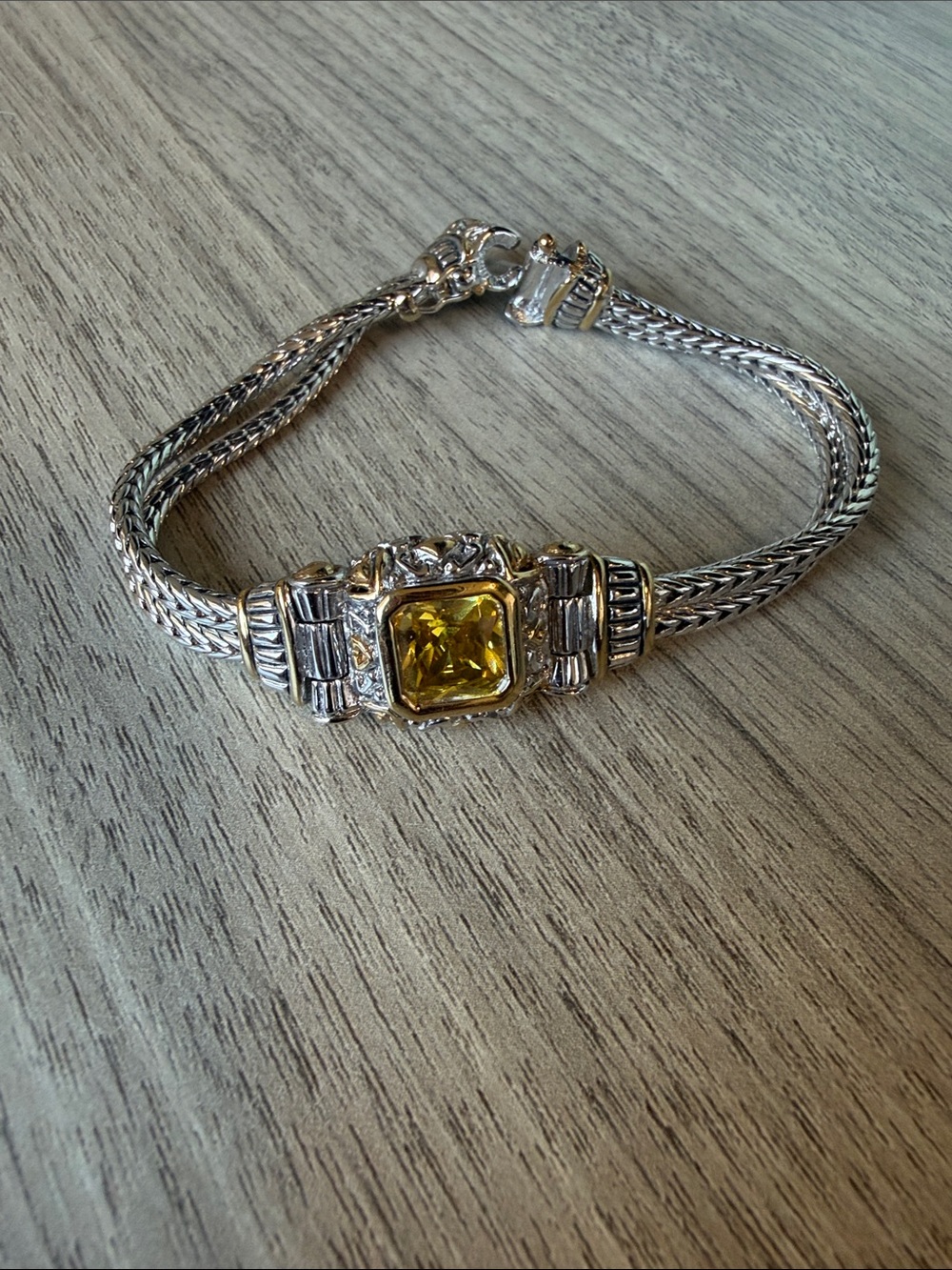 Silver-Tone Bracelet with Yellow Gem Accent